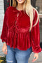 Velvet Tie Front Keyhole Peplum Long Sleeve Blouse