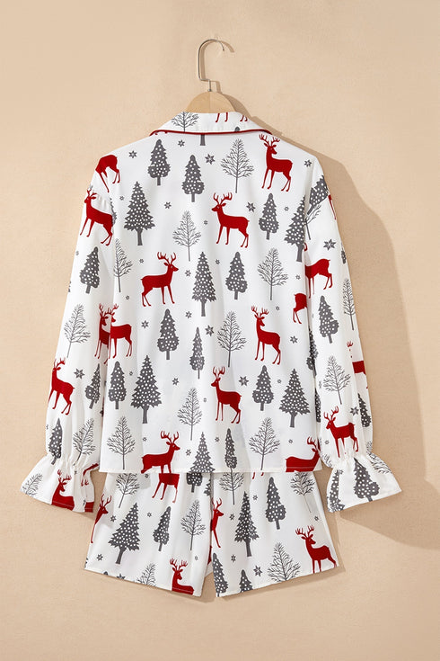 Velvet Trim Bow Knot Festive Print Pajama Set