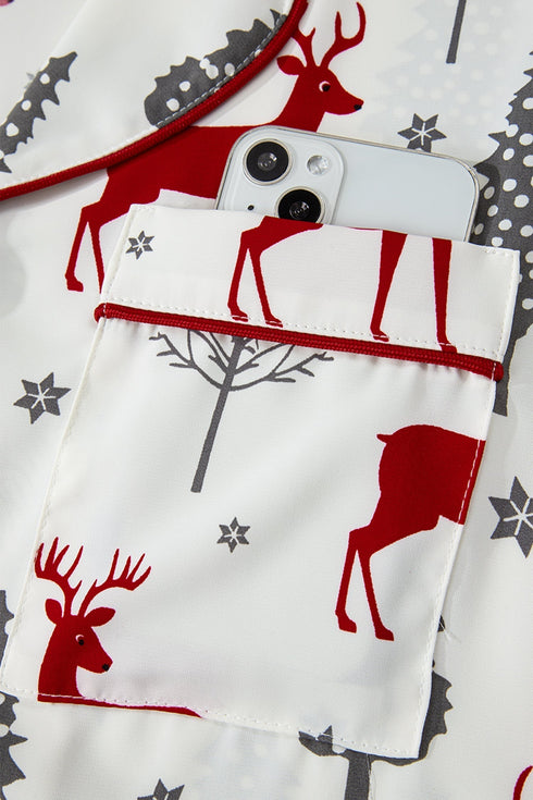 Velvet Trim Bow Knot Festive Print Pajama Set
