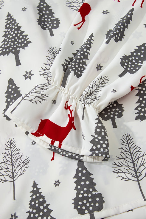 Velvet Trim Bow Knot Festive Print Pajama Set