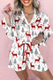Velvet Trim Bow Knot Festive Print Pajama Set