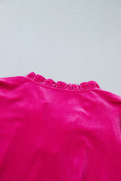 Velvet V Neck Ruffled Cuff Hem Long Sleeve Top