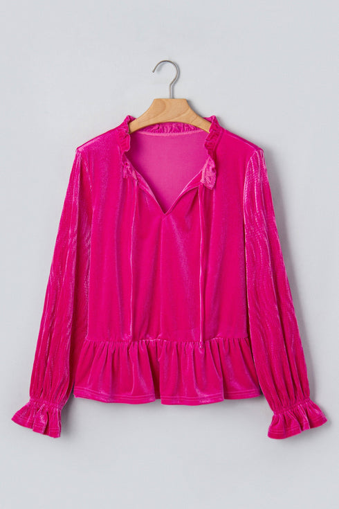Velvet V Neck Ruffled Cuff Hem Long Sleeve Top