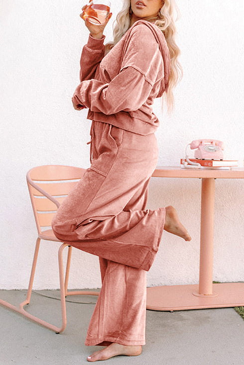 Velvet Zip Up Hoodie Wide Leg Lounge Pant Set