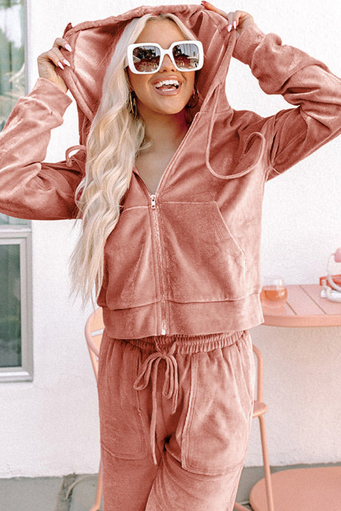 Velvet Zip Up Hoodie Wide Leg Lounge Pant Set