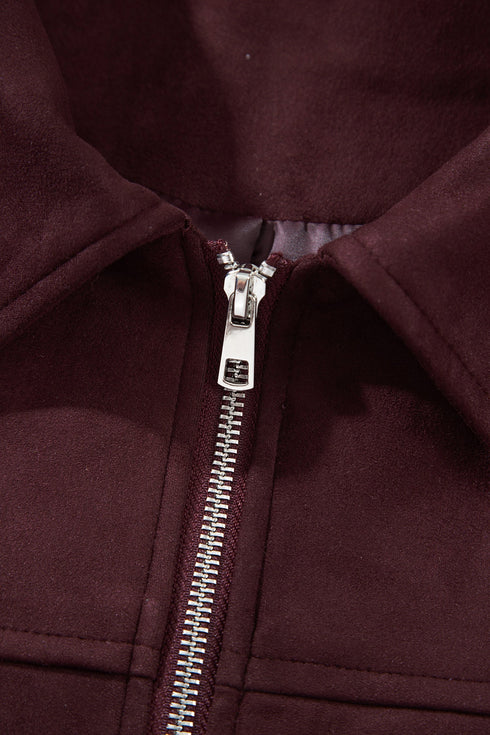 Velvet Zip Up Metal Placket Collar Long Sleeve Jacket