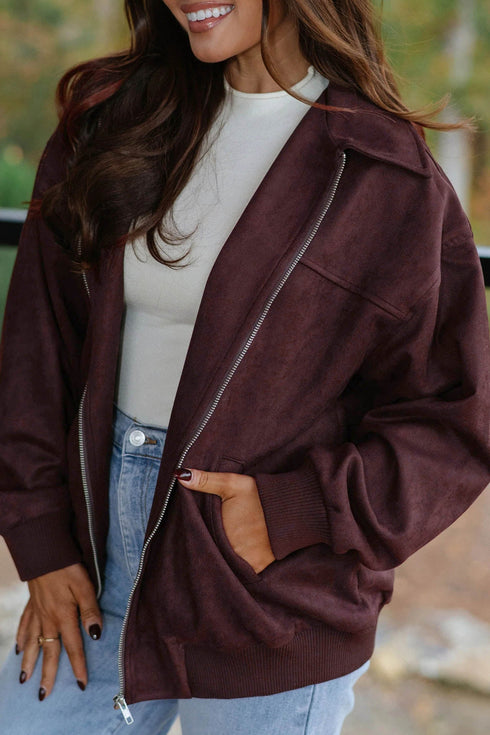Velvet Zip Up Metal Placket Collar Long Sleeve Jacket