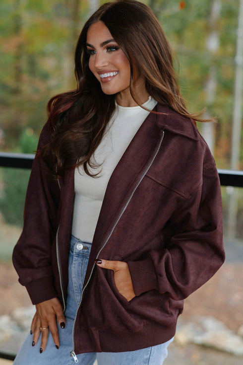 Velvet Zip Up Metal Placket Collar Long Sleeve Jacket