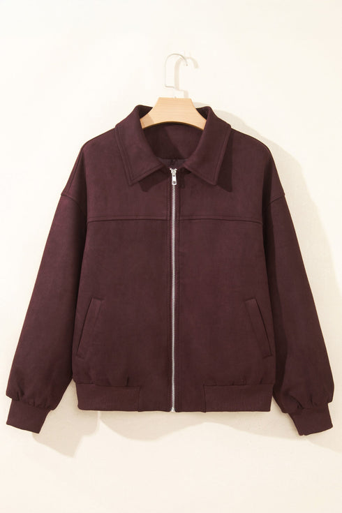 Velvet Zip Up Metal Placket Collar Long Sleeve Jacket
