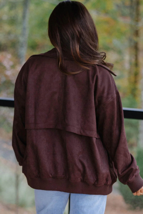 Velvet Zip Up Metal Placket Collar Long Sleeve Jacket