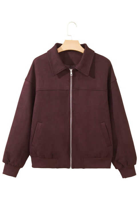Velvet Zip Up Metal Placket Collar Long Sleeve Jacket