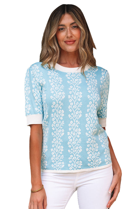 Vertical Floral Stripe Short Sleeve Knit Sweater