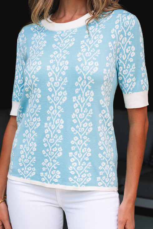 Vertical Floral Stripe Short Sleeve Knit Sweater