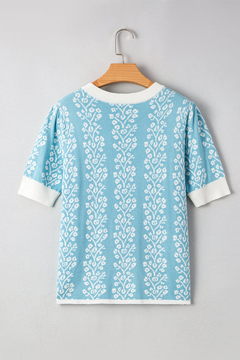 Vertical Floral Stripe Short Sleeve Knit Sweater