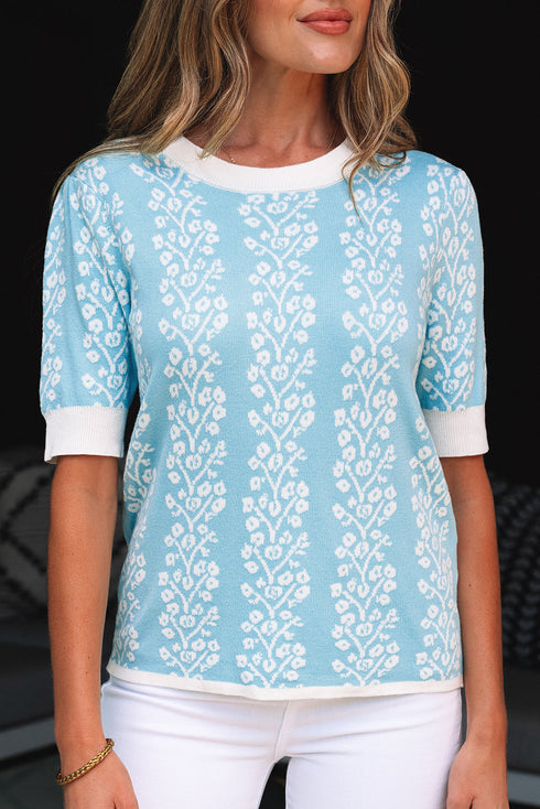 Vertical Floral Stripe Short Sleeve Knit Sweater