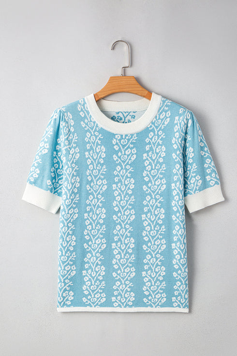Vertical Floral Stripe Short Sleeve Knit Sweater