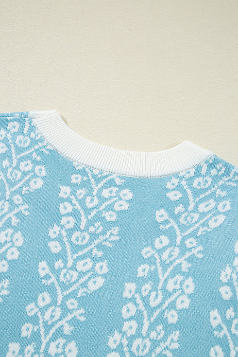 Vertical Floral Stripe Short Sleeve Knit Sweater