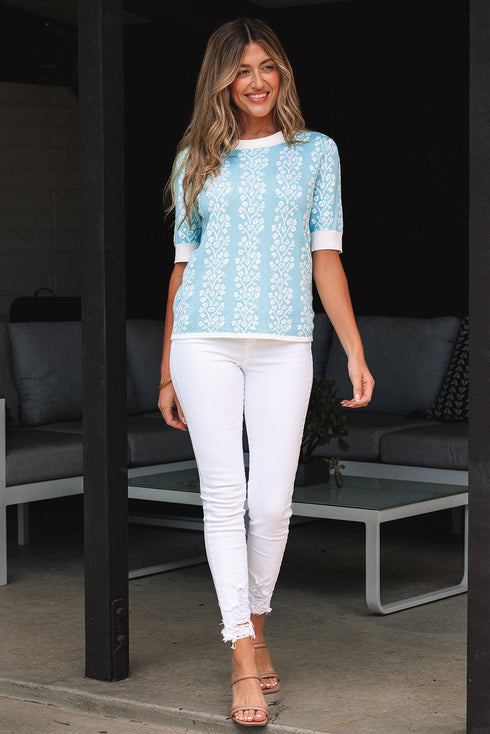 Vertical Floral Stripe Short Sleeve Knit Sweater