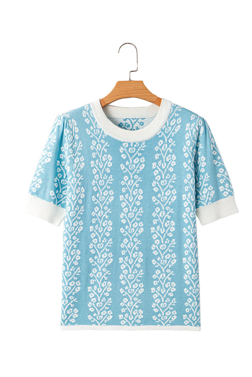 Vertical Floral Stripe Short Sleeve Knit Sweater