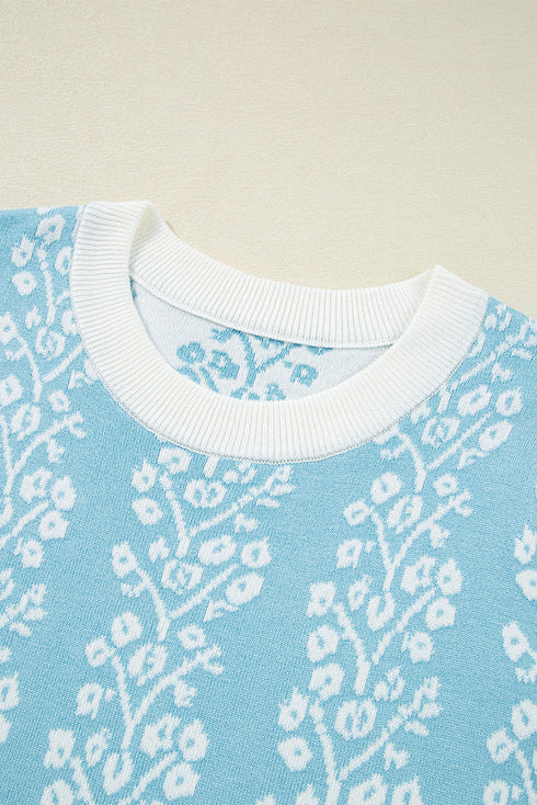 Vertical Floral Stripe Short Sleeve Knit Sweater