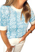 Vertical Floral Stripe Short Sleeve Knit Sweater