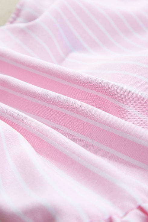 Vertical Stripe Bow Front Puff Sleeve Woven Blouse