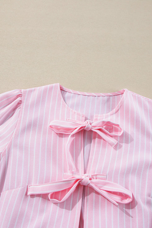 Vertical Stripe Bow Front Puff Sleeve Woven Blouse