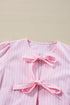 Vertical Stripe Bow Front Puff Sleeve Woven Blouse