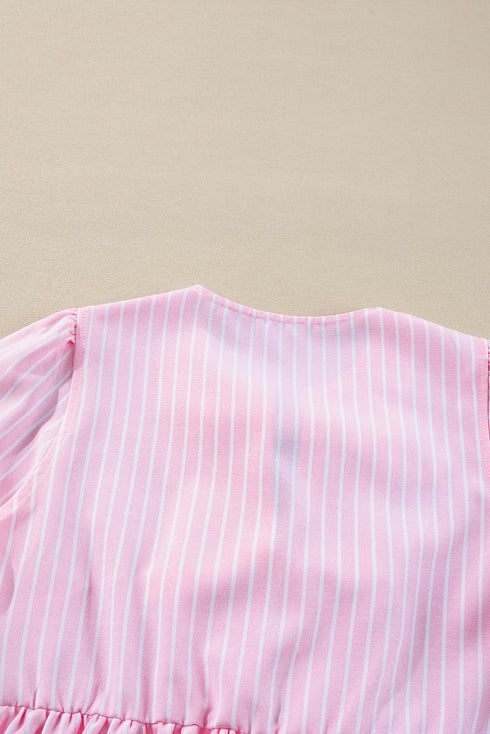 Vertical Stripe Bow Front Puff Sleeve Woven Blouse