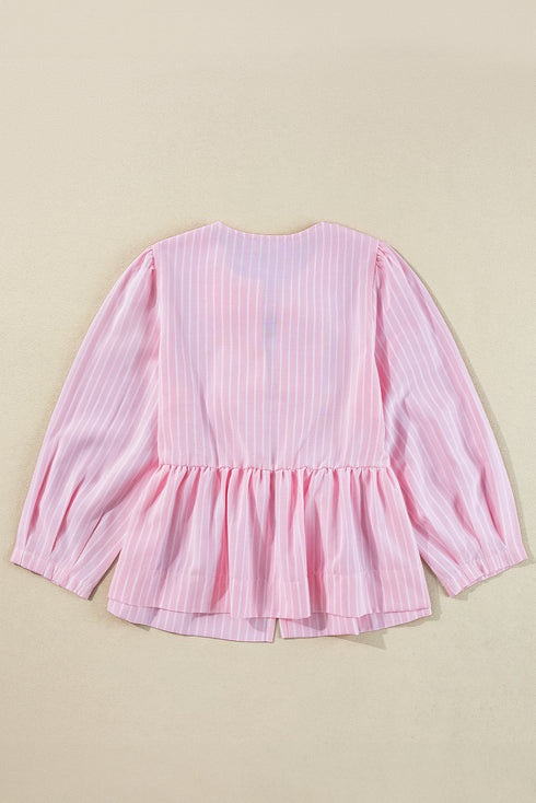Vertical Stripe Bow Front Puff Sleeve Woven Blouse