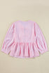 Vertical Stripe Bow Front Puff Sleeve Woven Blouse