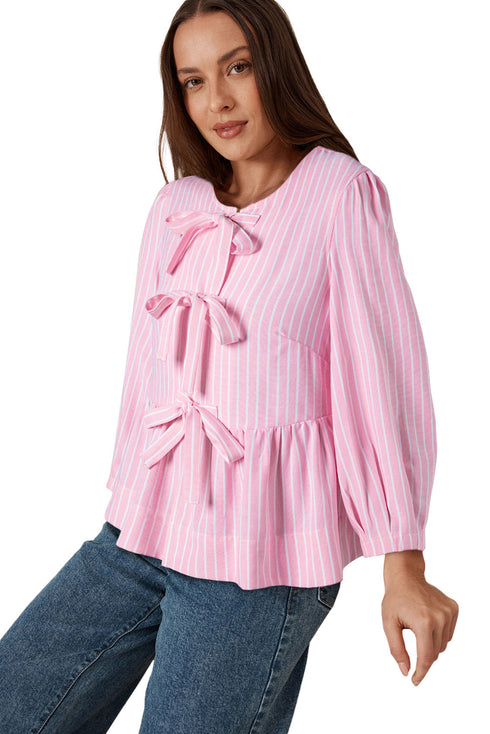 Vertical Stripe Bow Front Puff Sleeve Woven Blouse