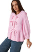 Vertical Stripe Bow Front Puff Sleeve Woven Blouse