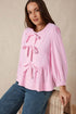 Vertical Stripe Bow Front Puff Sleeve Woven Blouse