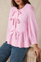 Vertical Stripe Bow Front Puff Sleeve Woven Blouse