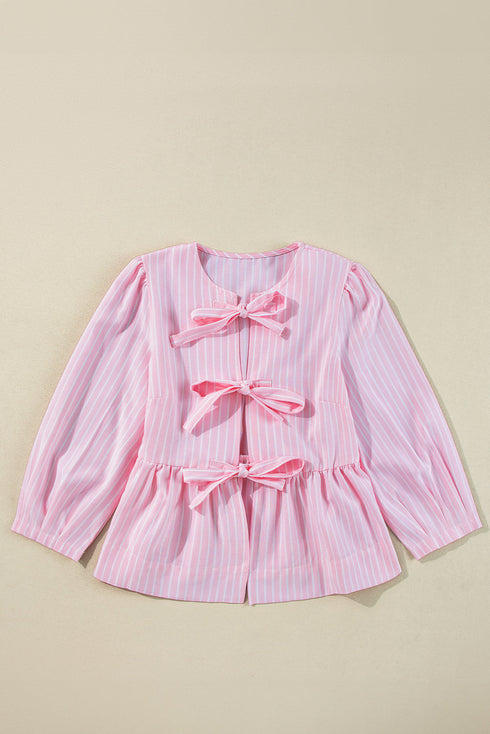 Vertical Stripe Bow Front Puff Sleeve Woven Blouse