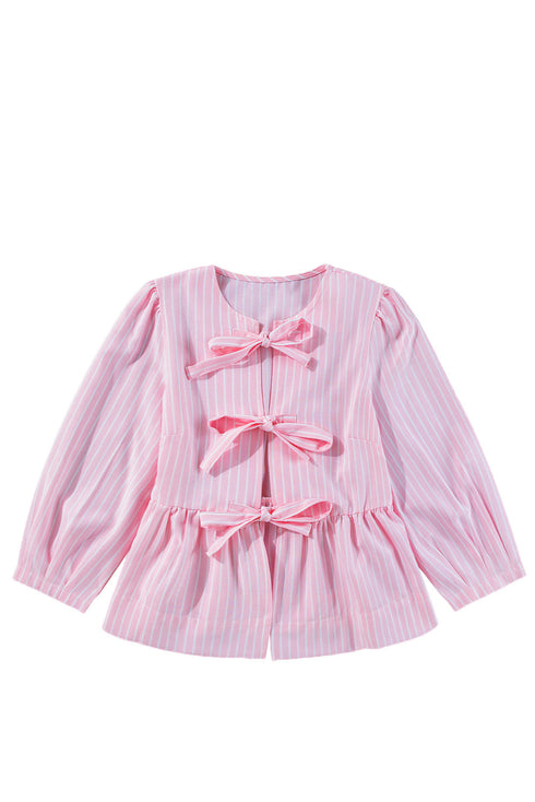 Vertical Stripe Bow Front Puff Sleeve Woven Blouse