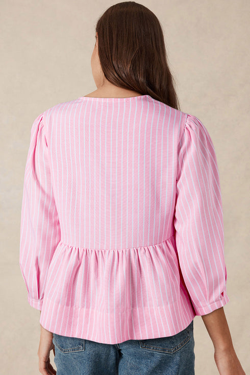 Vertical Stripe Bow Front Puff Sleeve Woven Blouse