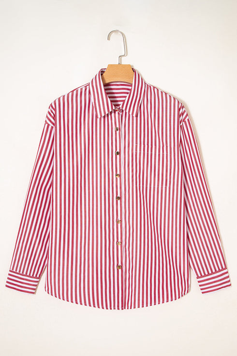 Vertical Stripe Button Front Patch Pocket Drop Shoulder Shirt