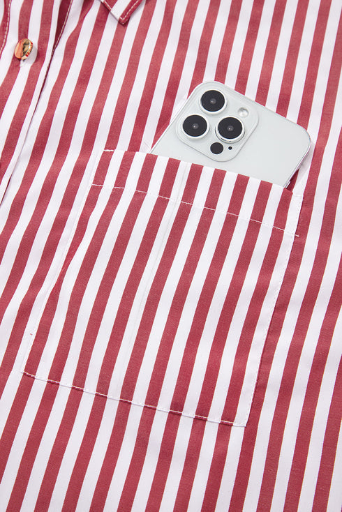 Vertical Stripe Button Front Patch Pocket Drop Shoulder Shirt