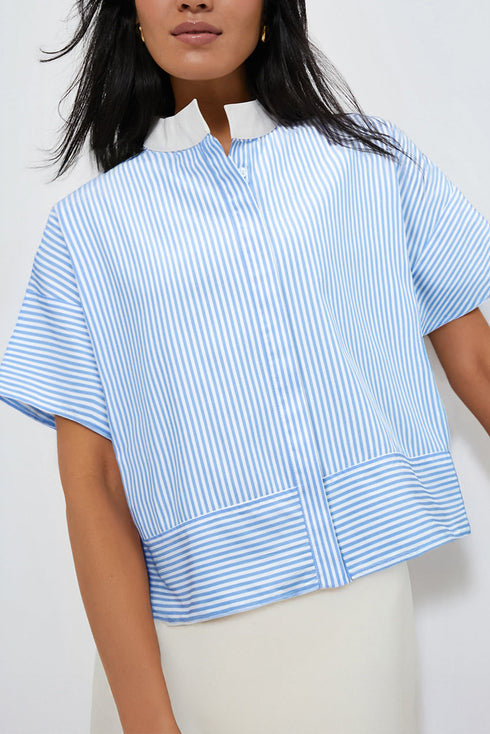 Vertical Stripe Contrast Collar Boxy Fit Short Sleeve Hidden Placket Top