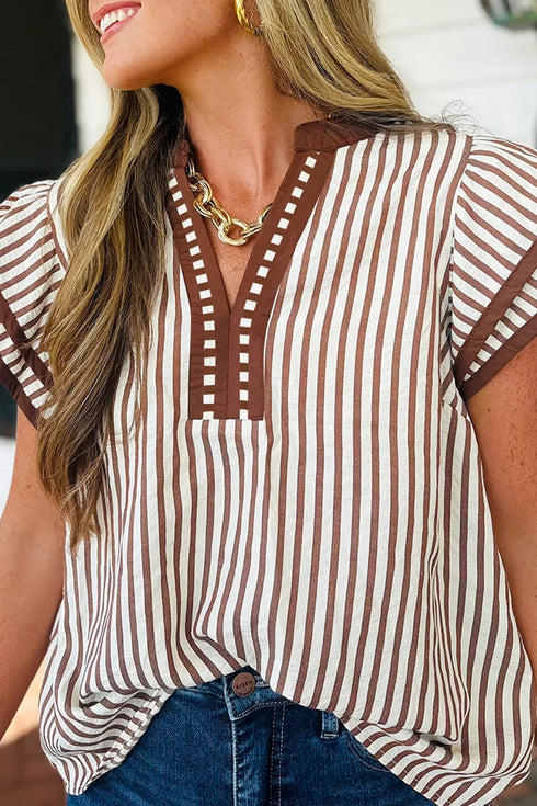Vertical Stripe Double Ruffle Sleeve V Neck Blouse