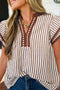 Vertical Stripe Double Ruffle Sleeve V Neck Blouse