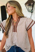 Vertical Stripe Double Ruffle Sleeve V Neck Blouse