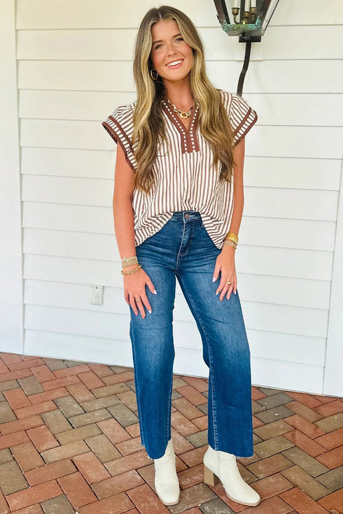 Vertical Stripe Double Ruffle Sleeve V Neck Blouse