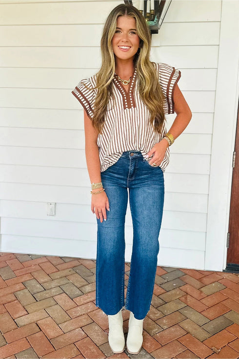 Vertical Stripe Double Ruffle Sleeve V Neck Blouse