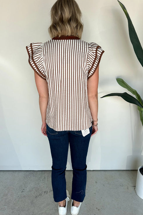 Vertical Stripe Double Ruffle Sleeve V Neck Blouse