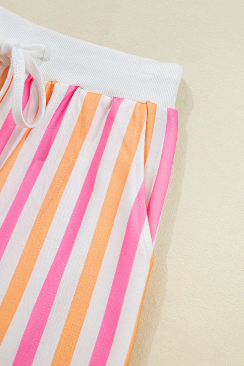 Vertical-Stripe Drop-Shoulder Half-Sleeve Crewneck Contrast-Band Short Set