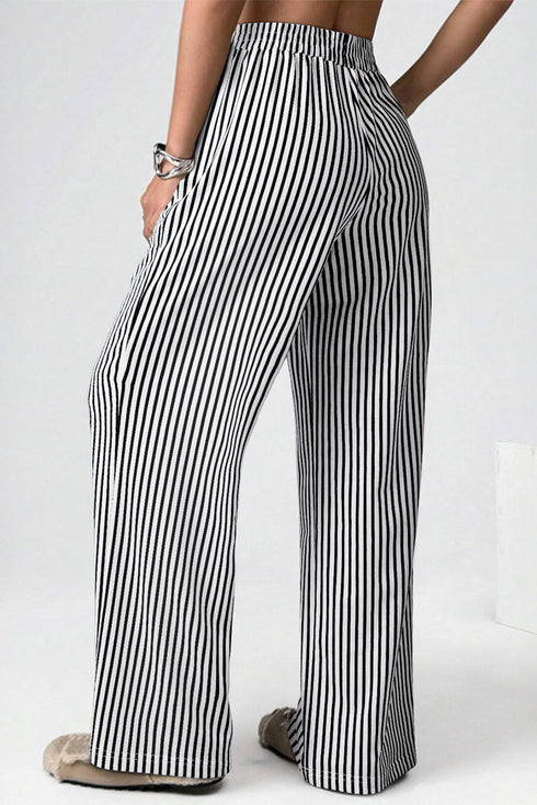 Vertical Stripe Elastic High Waist Pocketed Wide Leg Pants