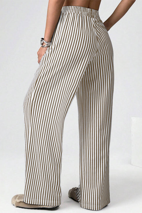 Vertical Stripe Elastic High Waist Pocketed Wide Leg Pants